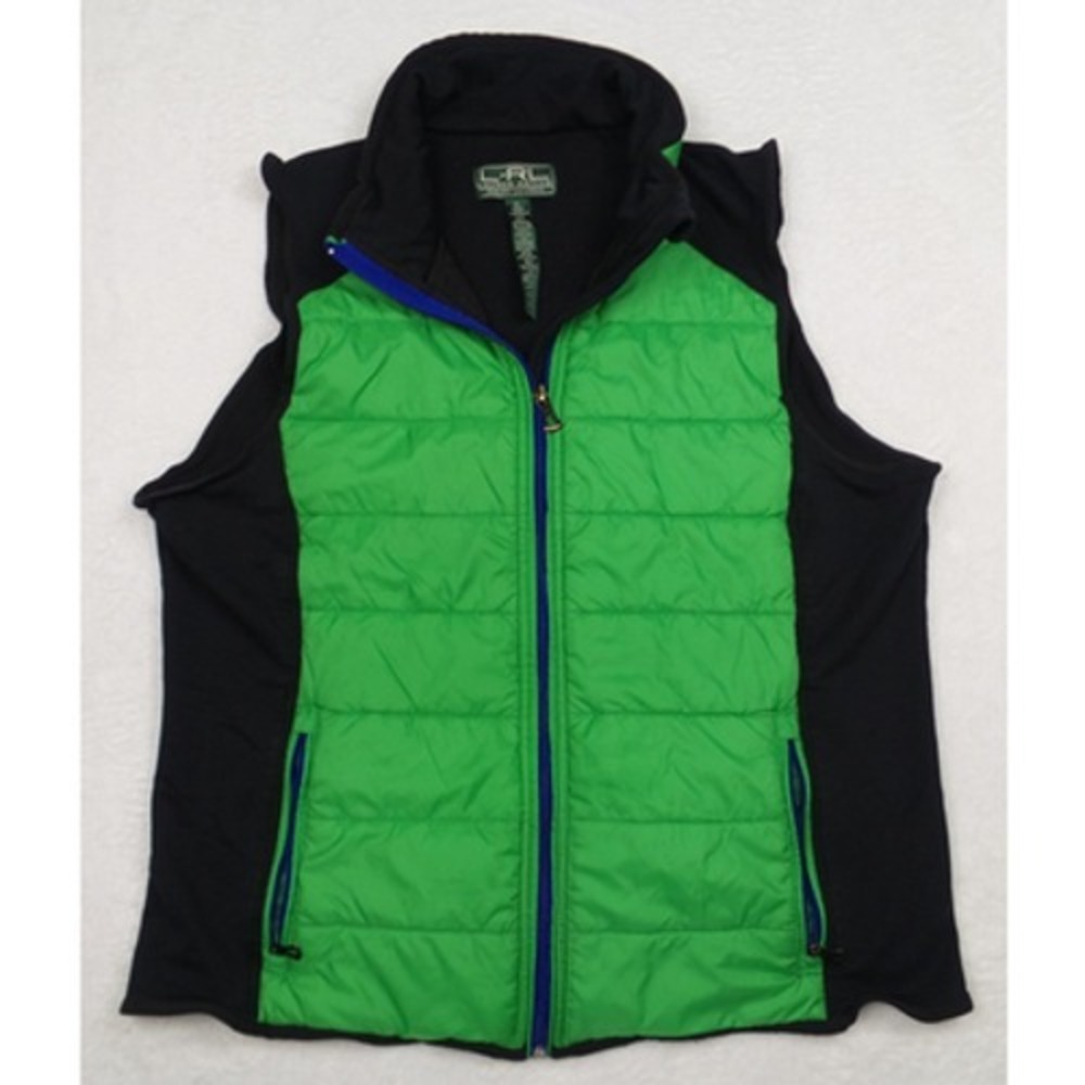 LRL Lauren Active Vest Womens Size XL Green Black Full Zip Quilted Pockets